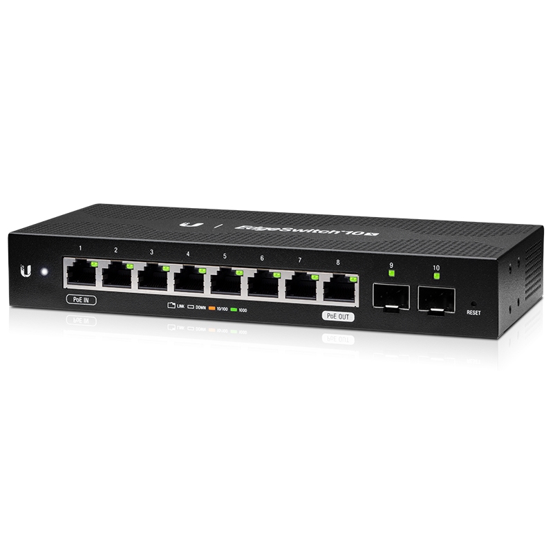 -UBNT EdgeSwitch 10X (ES-10X) – 8 Gigabit RJ45, 2 SFP Portlu, 24V Pasif PoE Passthrough Destekli Ekonomik WISP Switch